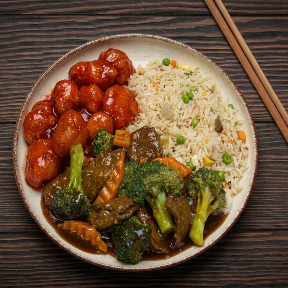 A plate of orange chicken, beef and broccoli, and fried rice with chopsticks on a wooden table.