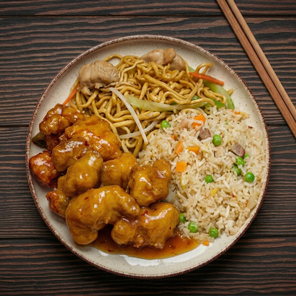 A plate of orange chicken, fried rice with peas and carrots, and lo mein noodles with chicken.