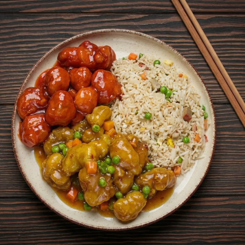 A plate of sweet and sour chicken, curry chicken, and fried rice with chopsticks on a wooden table.