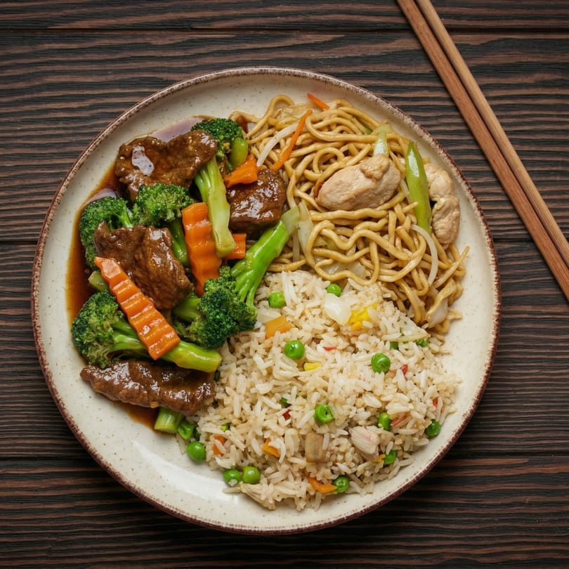 A plate of beef and broccoli, chicken lo mein, and fried rice with chopsticks on a wooden table.