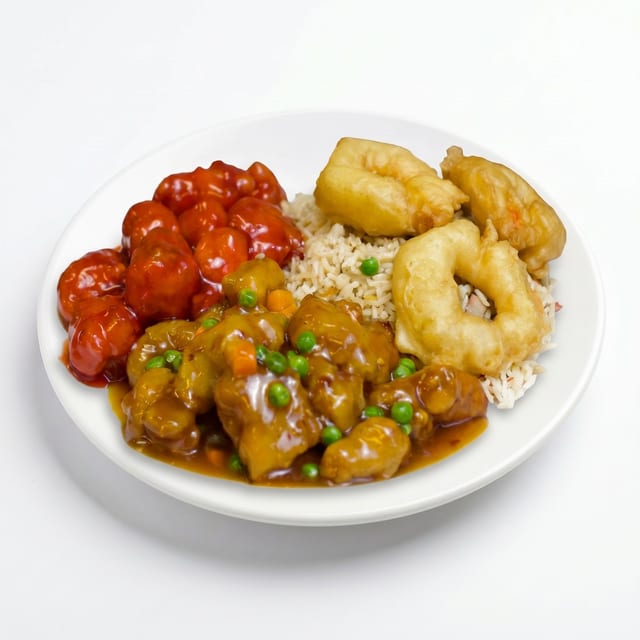 C17. Fried Prawns, Garlic Chicken & Sweet Sour Pork.