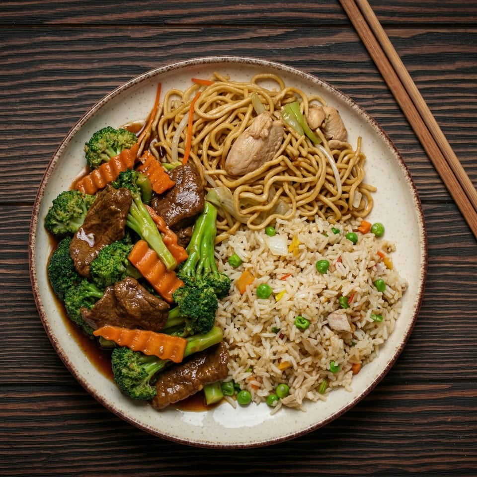 A plate of beef and broccoli, chicken lo mein, and fried rice with chopsticks on a wooden table.