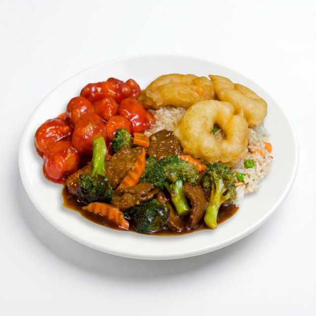C18. Fried Prawns, Broccoli Beef & Sweet Sour Pork.
