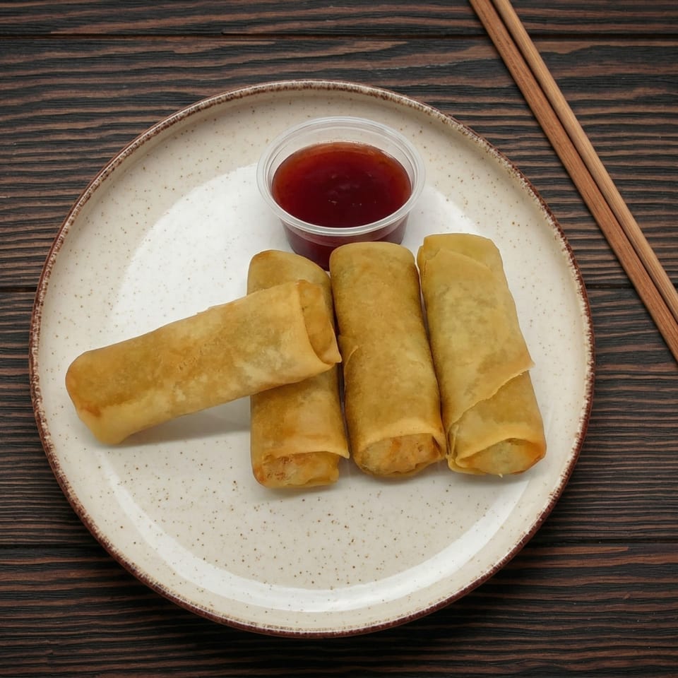 Four golden-brown spring rolls and a small cup of dipping sauce on a speckled plate with chopsticks.