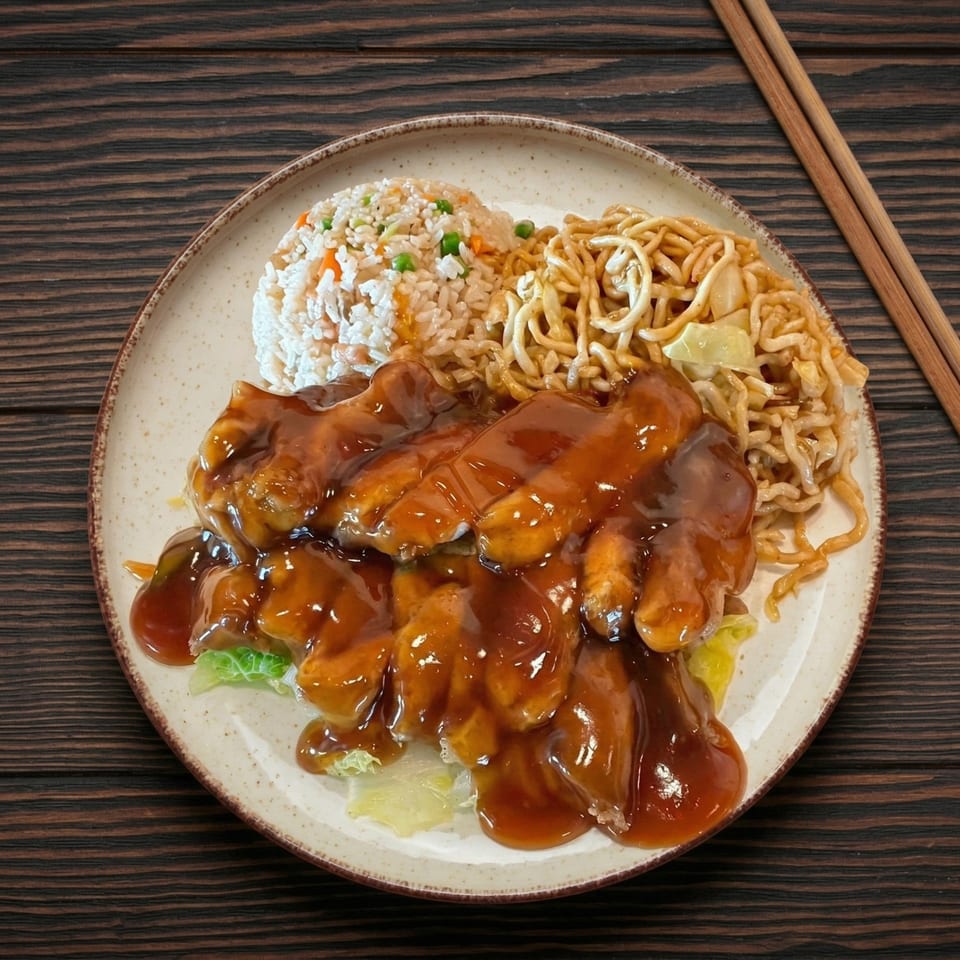 Sweet and sour chicken with fried rice and lo mein noodles on a plate with chopsticks.