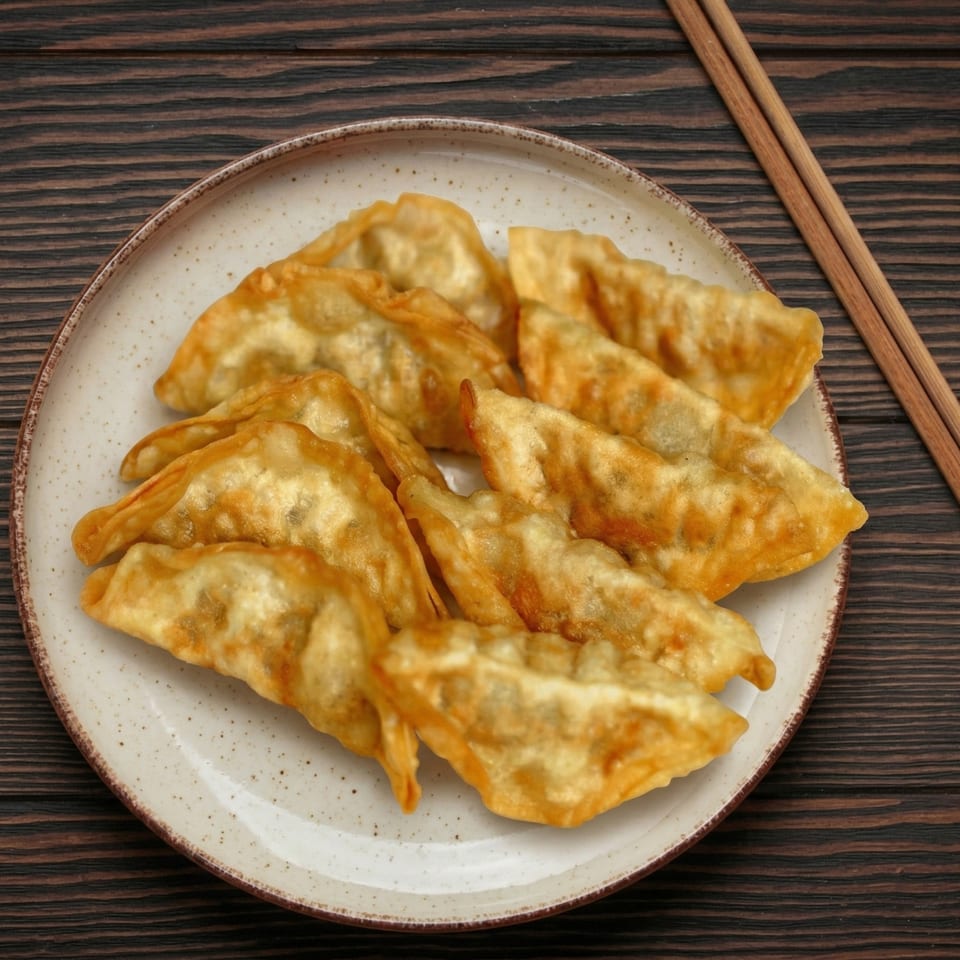 A plate of golden-brown fried dumplings with chopsticks on a dark wooden table.