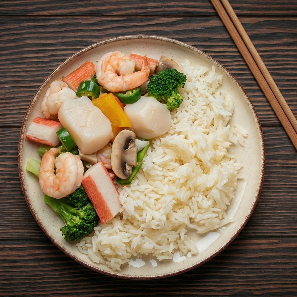 A plate of white rice with shrimp, scallops, crab sticks, broccoli, mushrooms, and bell peppers.