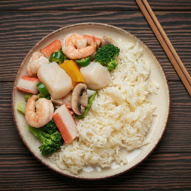 A plate of white rice with shrimp, scallops, crab sticks, broccoli, mushrooms, and bell peppers.