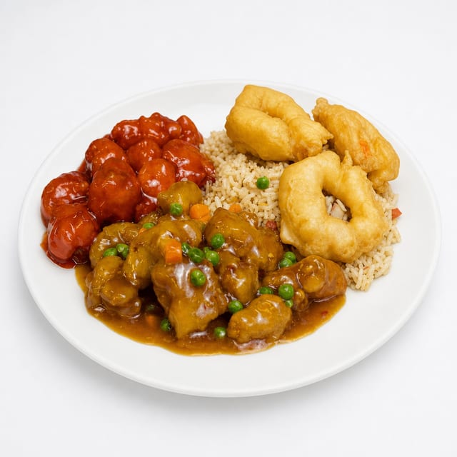 C17. Fried Prawns, Garlic Chicken & Sweet Sour Pork.