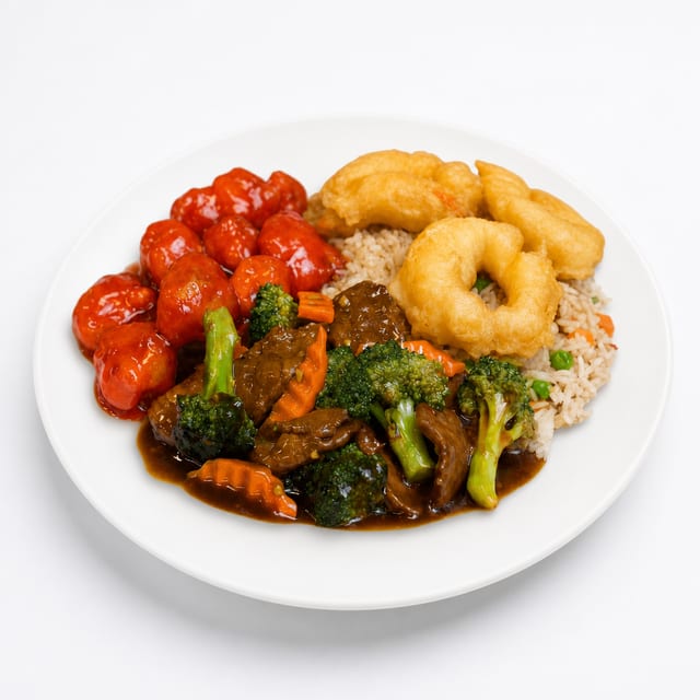 C18. Fried Prawns, Broccoli Beef & Sweet Sour Pork.