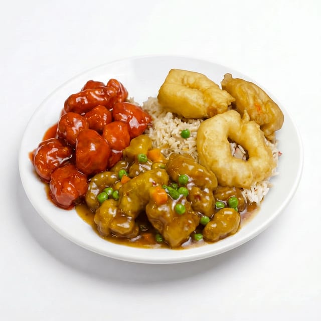 C17. Fried Prawns, Garlic Chicken & Sweet Sour Pork.